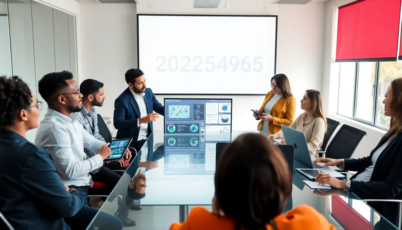 professionals discussing telecommunication data in a modern office.